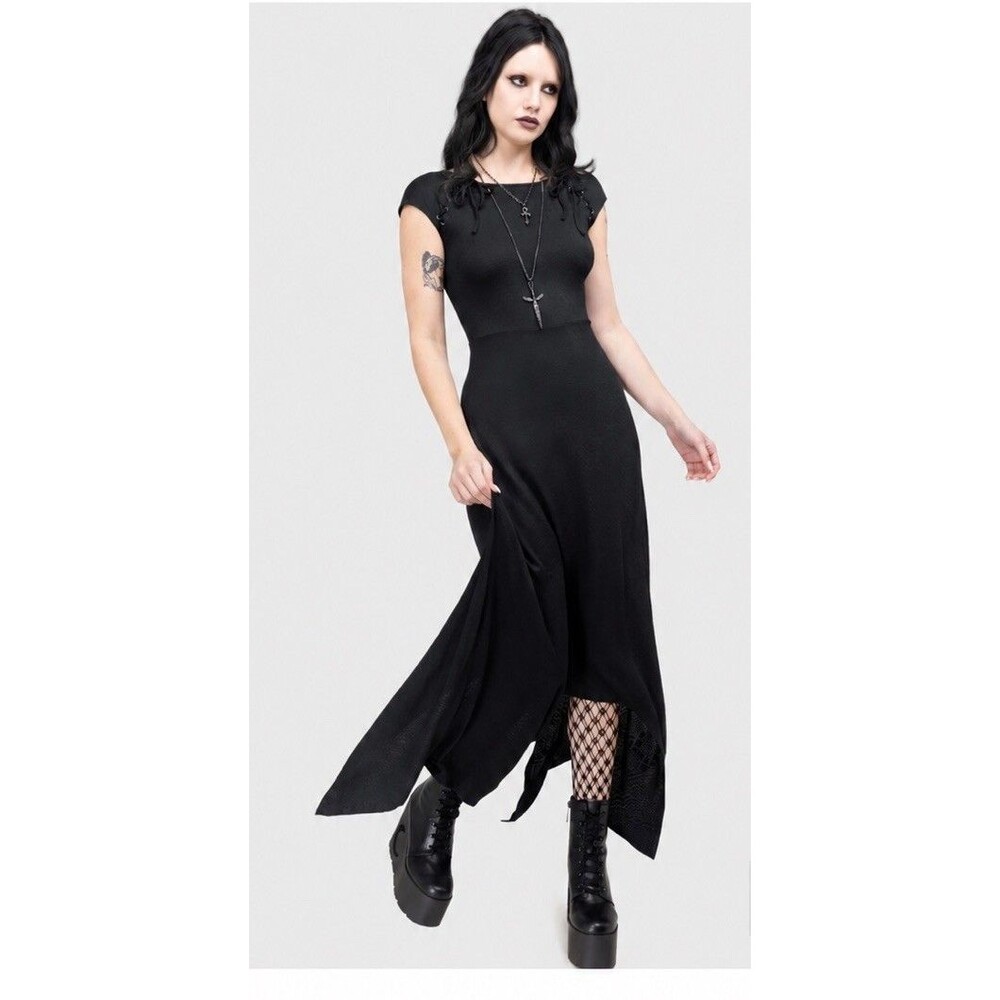 KILLSTAR Nightwane Dress XXL Black Gothic Maxi Asymmetrical Lace Up Goth - Picture 12 of 13